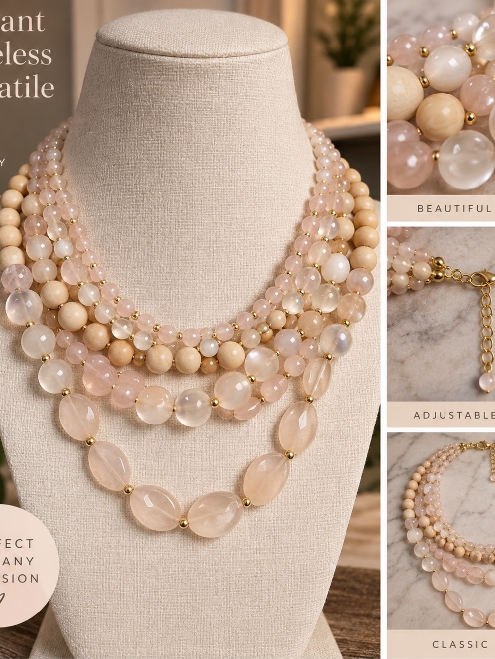 Multi-Strand Pink and Cream Beaded Necklace - Elegant Layered Design